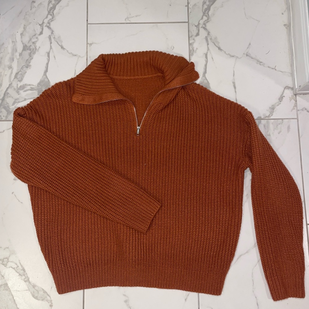 SHEIN Brown Zip Up Sweater with Chunky Knit and High Collar
